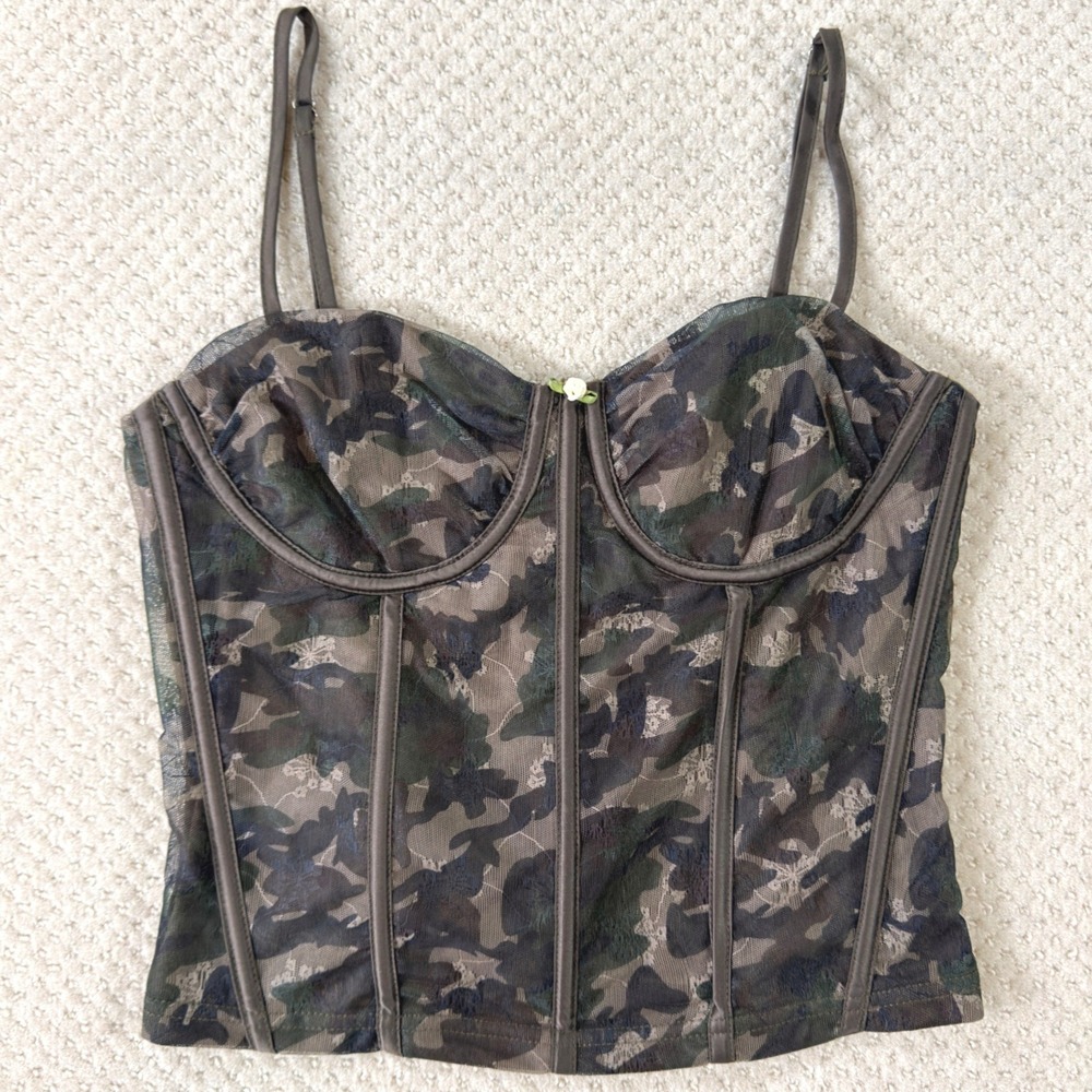 Camo Corset Top Pretty Garbage Womens Med Bustier Grunge Gorp Moto Military Mesh